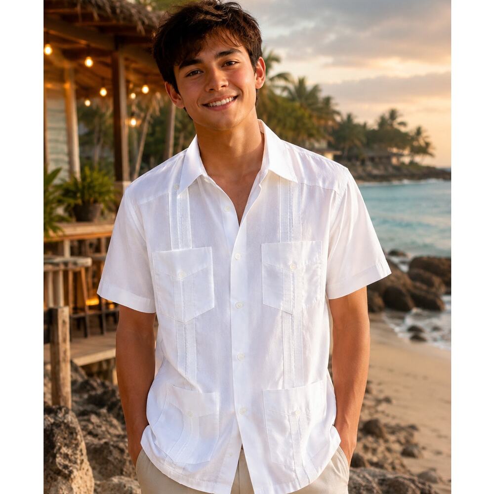 Mojito Collection Boys Medium White Guayabera 4 Pocket Cuban Shirt